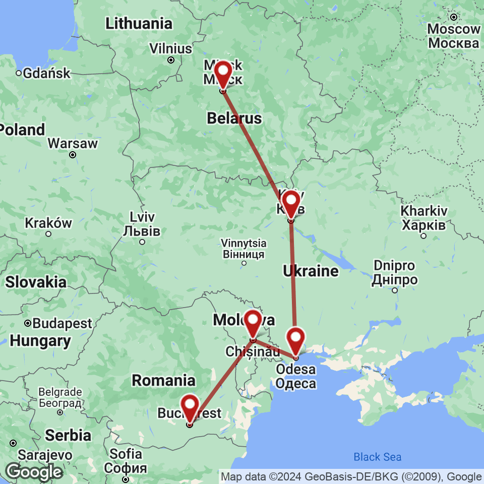Route for Bucharest, Chisinau, Odessa, Kyiv, Minsk tour